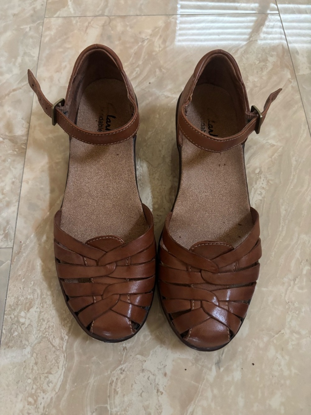 Clarks Women's Brown Leather Woven Ankle-Strap Flats